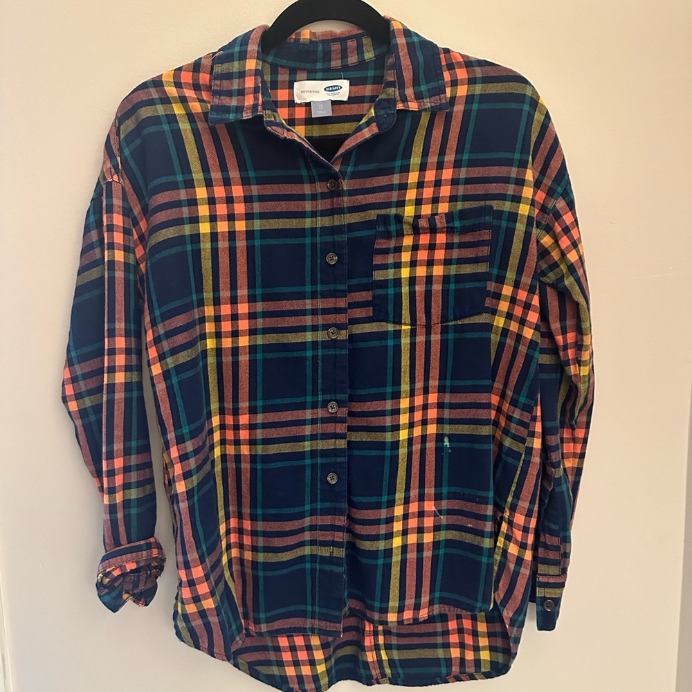 Old Navy Plaid Button Up in Navy, Coral, Teal, and Yellow